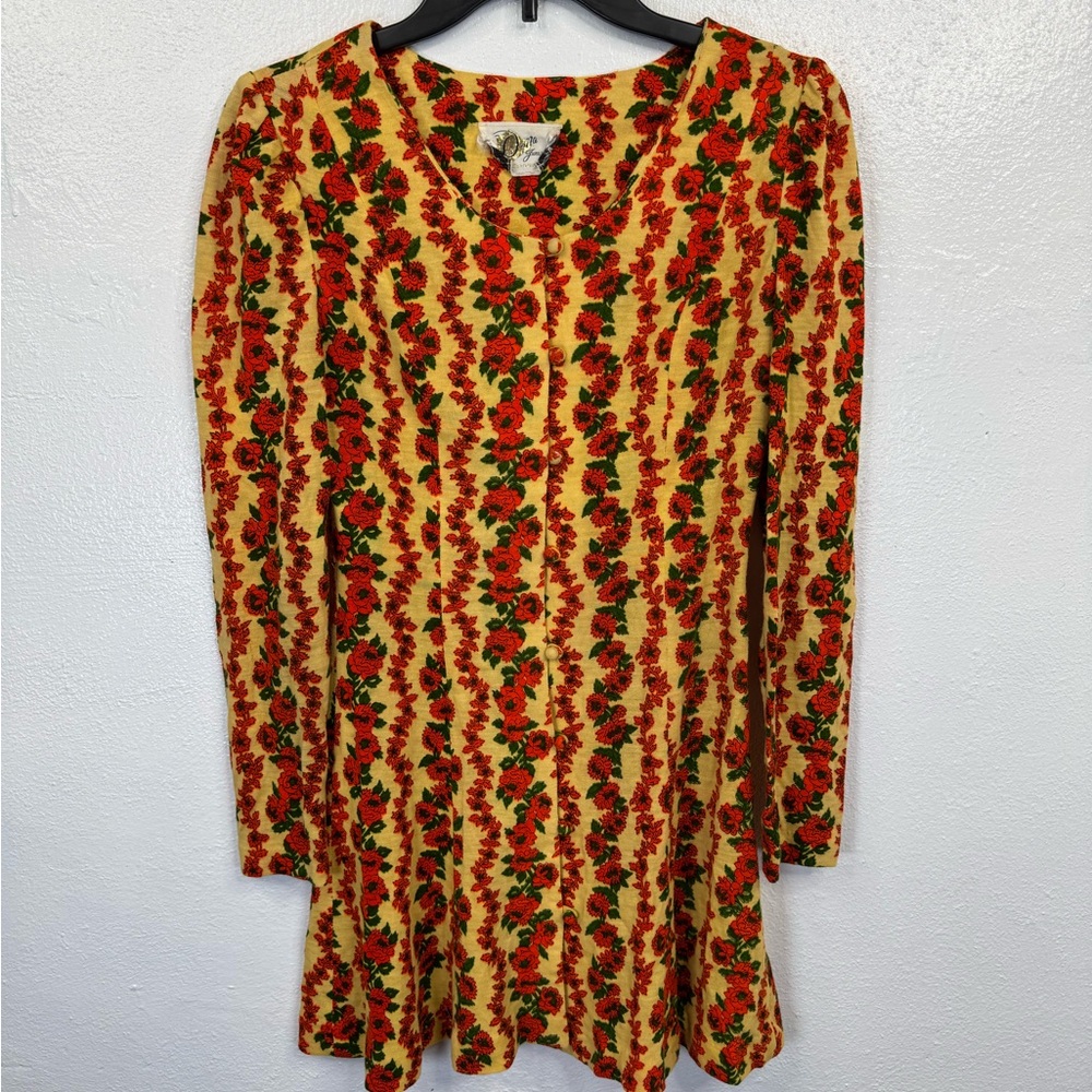 Vintage Della Petite Floral Fit & Flare Mini Dress Yellow Orange Long Sleeve S